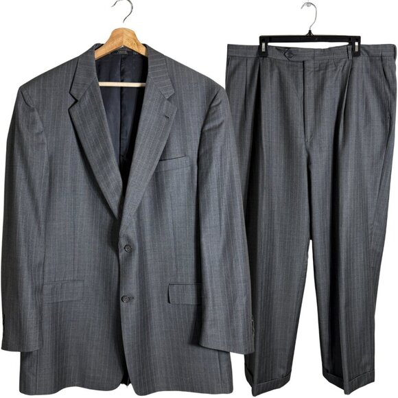 Hart Schaffner Marx Pinstripe Wool 2 Piece Suit Men's 46L Gray Gold Trumpeter - Picture 1 of 16